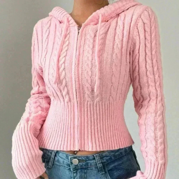 Pink Casual Women's Drawstring Hooded Cardigan - Picture 1 of 5